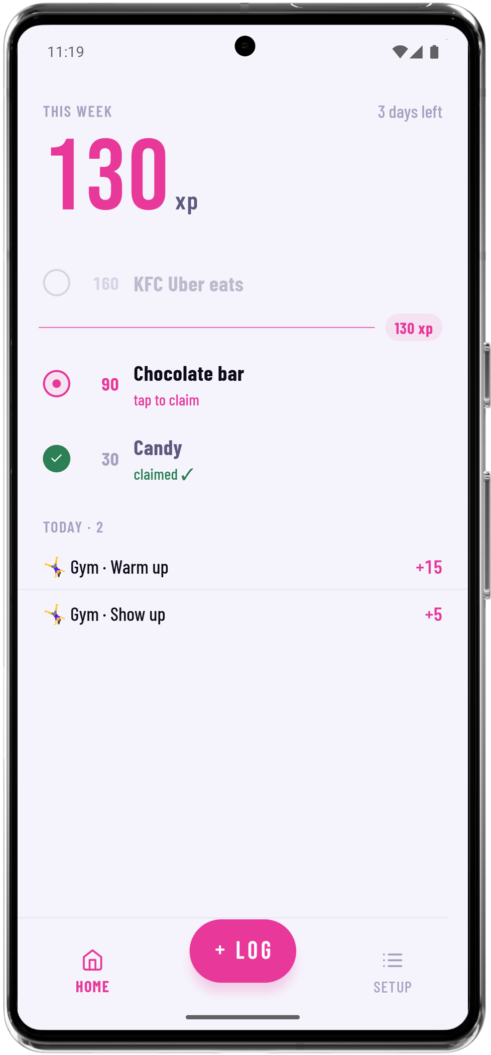 Treats app showing this week's XP and logged steps